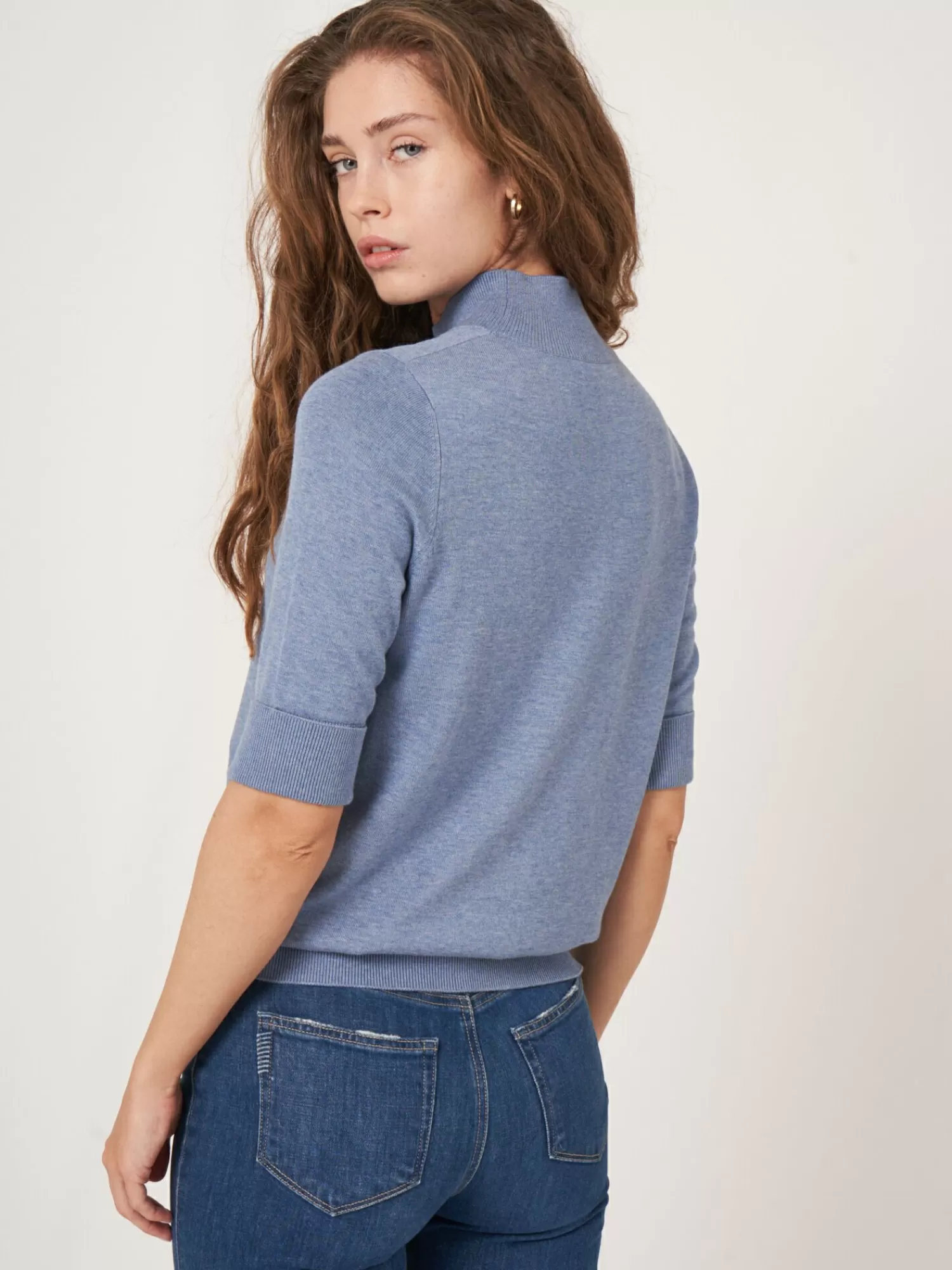 Flash Sale Trui Met Korte Mouwen En Opstaande Kraag Van Katoen-Mix Dames Truien