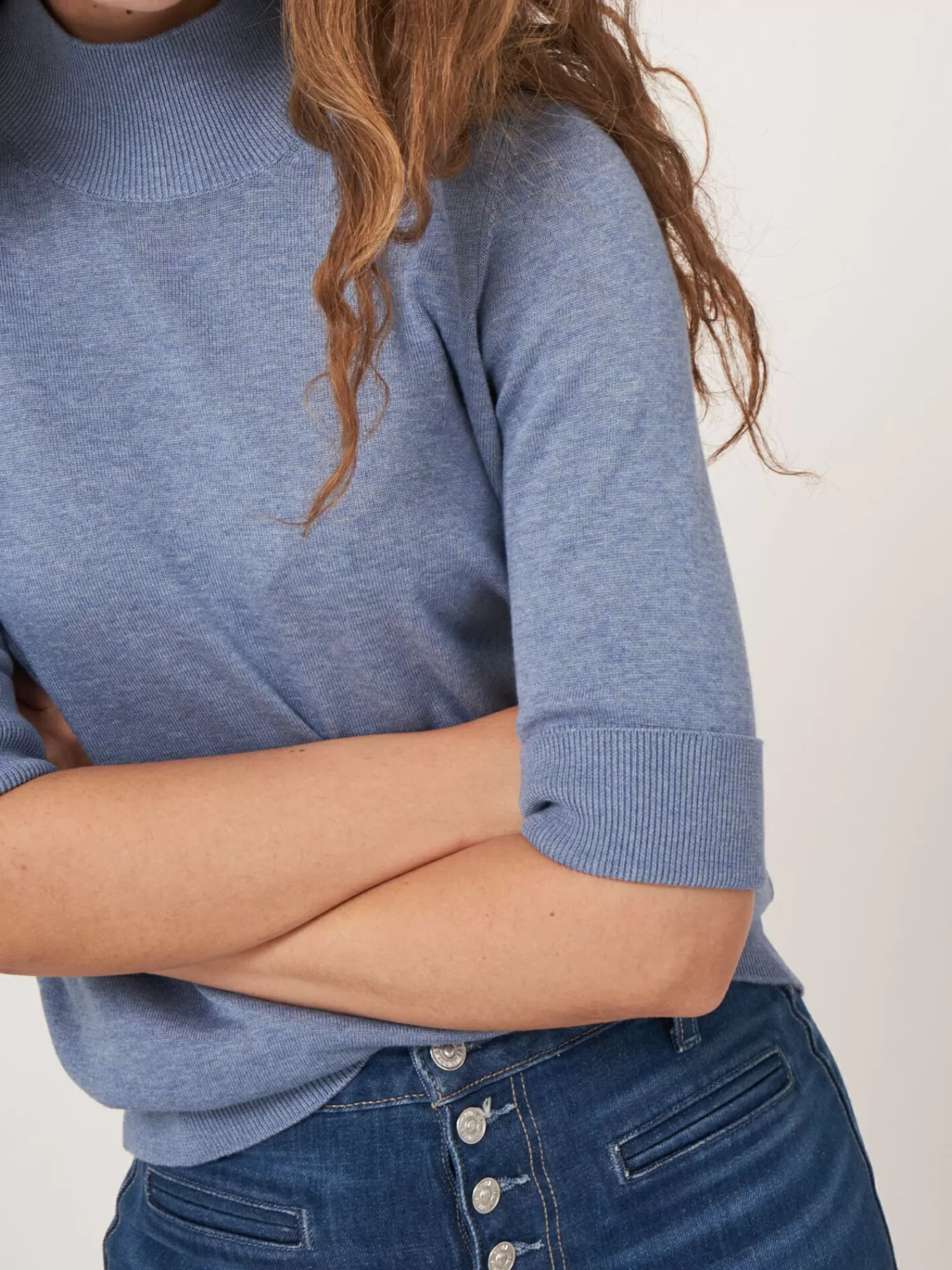 Flash Sale Trui Met Korte Mouwen En Opstaande Kraag Van Katoen-Mix Dames Truien